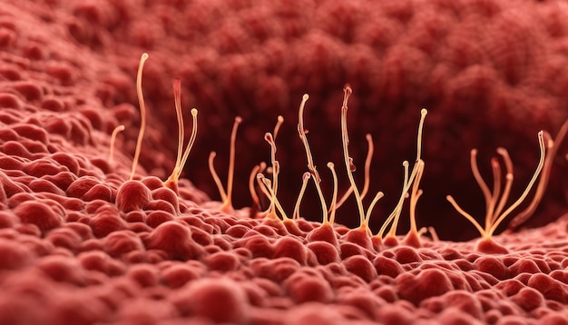 Photo microscopic view of a red corallike structure