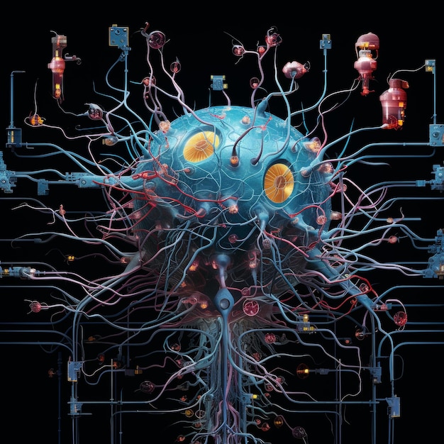 Photo microscopic world inside the brain where mechanics navigate between neurons and circuits