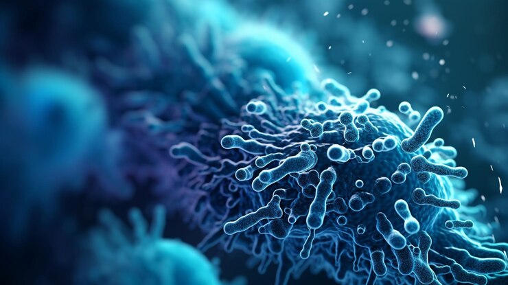 Microscopisch beeld van een bacterie met blauw