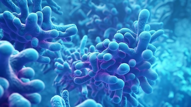 Microscopische blauwe bacteriën onderzoeken Legionella pneumophila in een medische context Generatieve Ai