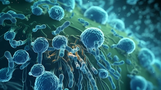 Microscopische blauwe bacteriën onderzoeken Legionella pneumophila in een medische context Generatieve Ai