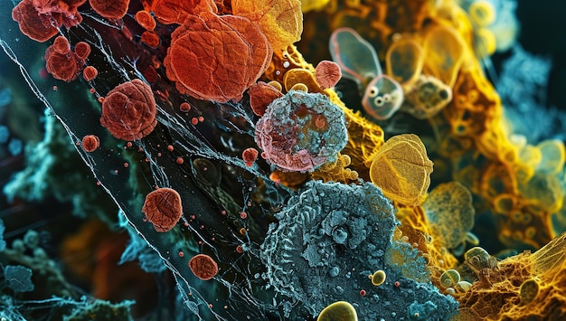Microscopische virussen en bacteriën van verschillende kleuren en vormen Het concept van onderzoek naar infectieziekten