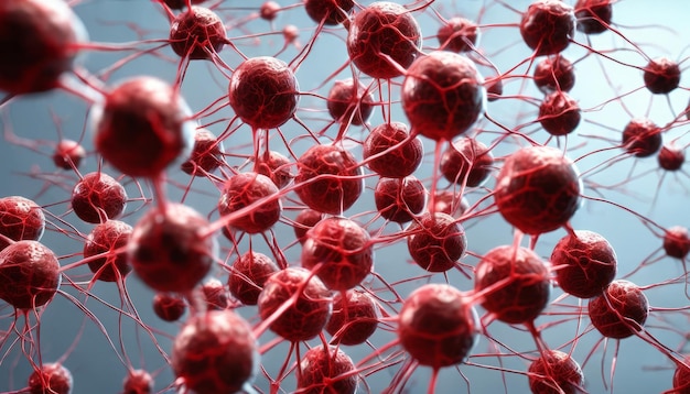 Microscopische weergave van een cluster rode cellen met dunne rode filamenten, mogelijk bacteriën of virussen