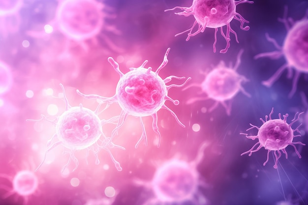 Microscopische weergave van een organische stof bacteriovirus of kankercelmacro op roze paarse achtergrond