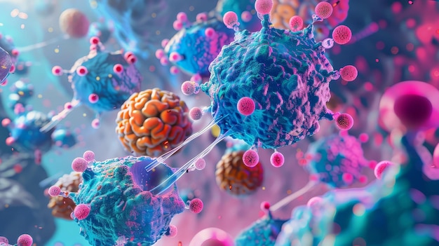 Microscopische weergave van vervaardigde nanodeeltjes die kankercellen aanvallen levendige kleurenbotsing hoog detail