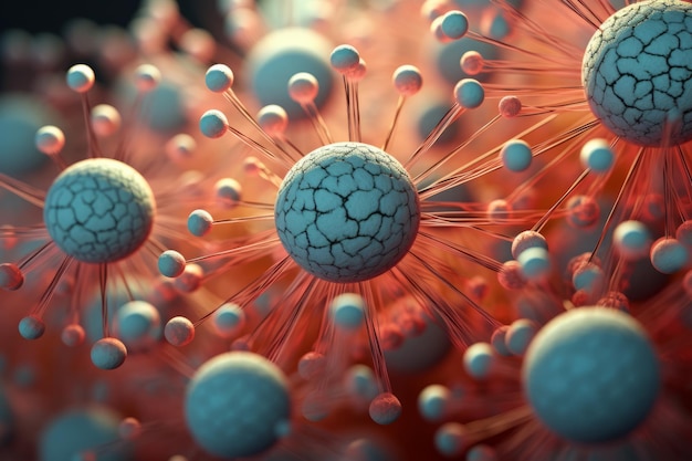 Микроскопический бактериальный грибконцепция медицинских и научных исследованийкрасочный цветгенеративный искусственный интеллект