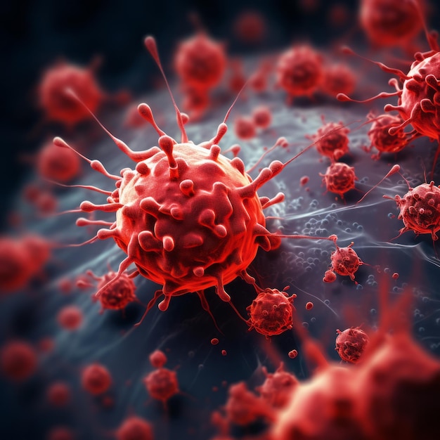 Microsopic van rode virusbacteriën vallen bloedcellen medisch en wetenschappelijk onderzoeksconceptgeneratief aan