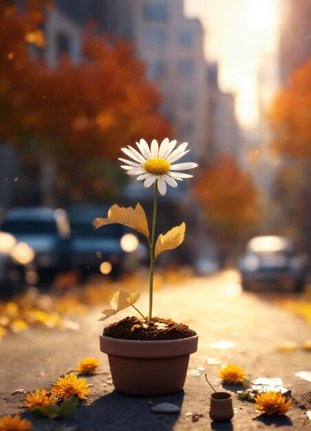 Photo a microtiny clay pot full of dirt with a beautiful daisie planted in it shining in the autumn sun