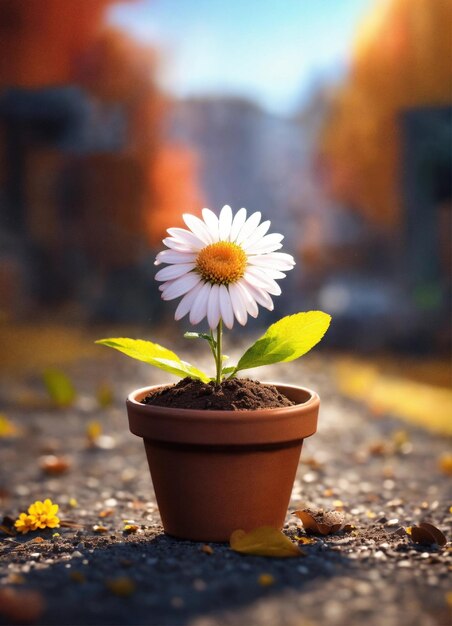 A microtiny clay pot full of dirt with a beautiful daisie planted in it shining in the autumn sun