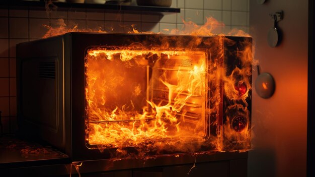 The microwave caught fire in the kitchen