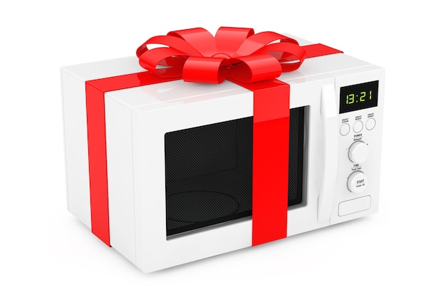 Подарок микроволновой печи с красной лентой и бантом на белом фоне. 3d рендеринг