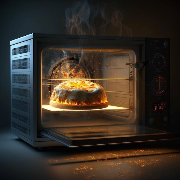 A microwave oven with a pizza on it that is being cooked.