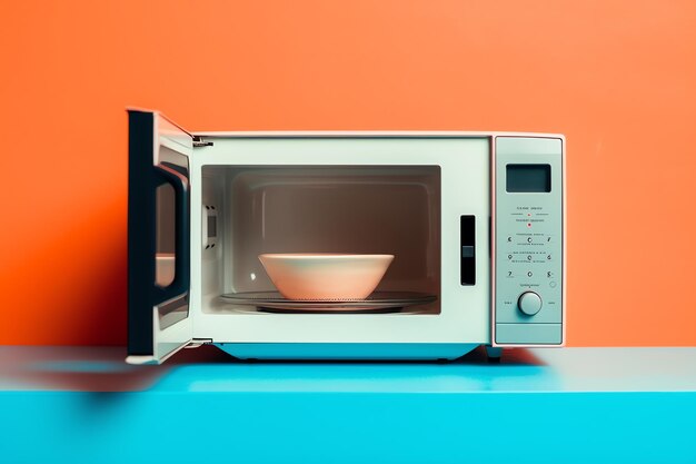 A microwave with a bowl inside of it