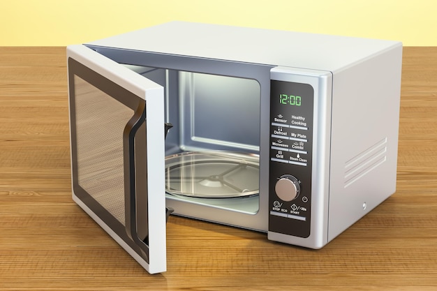 Photo microwave on the wooden table 3d rendering