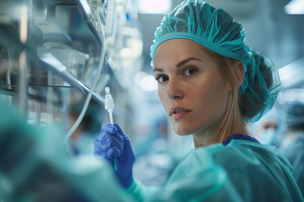 mid adult nurse checking the dropper of analgesic in a operating room