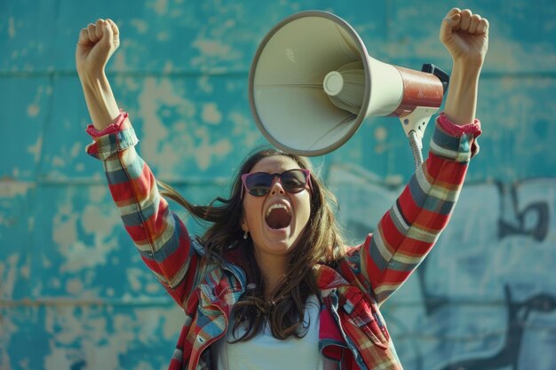 Photo mid adult woman shouting through megaphone arms raised