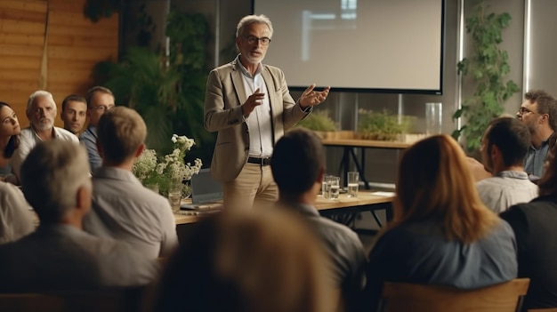 Photo mid age public speaker giving talk at business event generative ai