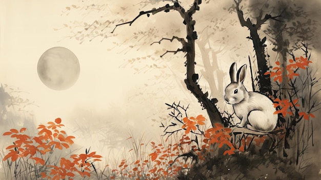 Photo mid autumn festival banner with rabbit moon ink painting