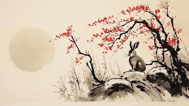 Mid Autumn Festival Banner with Rabbit Moon Ink Painting