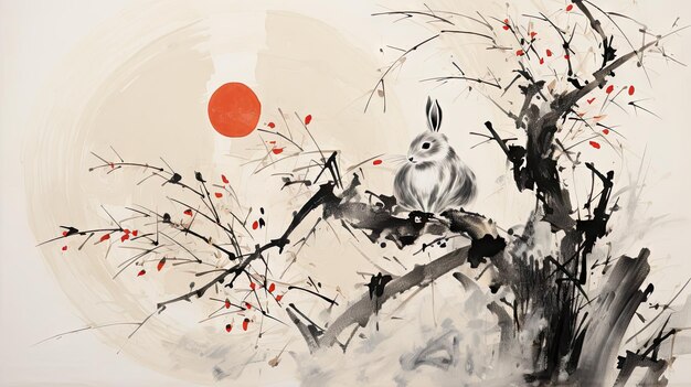 Mid Autumn Festival Banner with Rabbit Moon Ink Painting