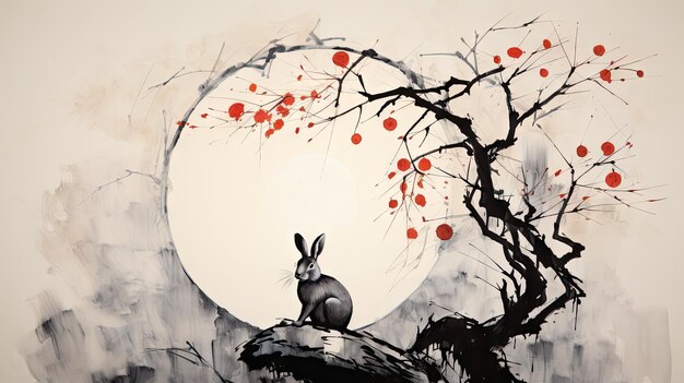 Mid autumn festival banner with rabbit moon ink painting