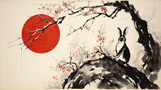 Foto banner del festival di metà autunno con pittura a inchiostro di luna di coniglio