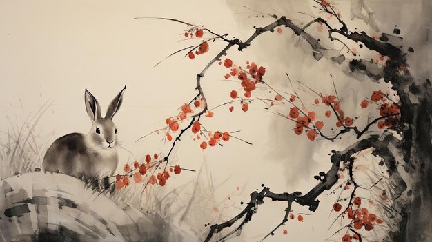 Photo mid autumn festival banner with rabbit moon ink painting