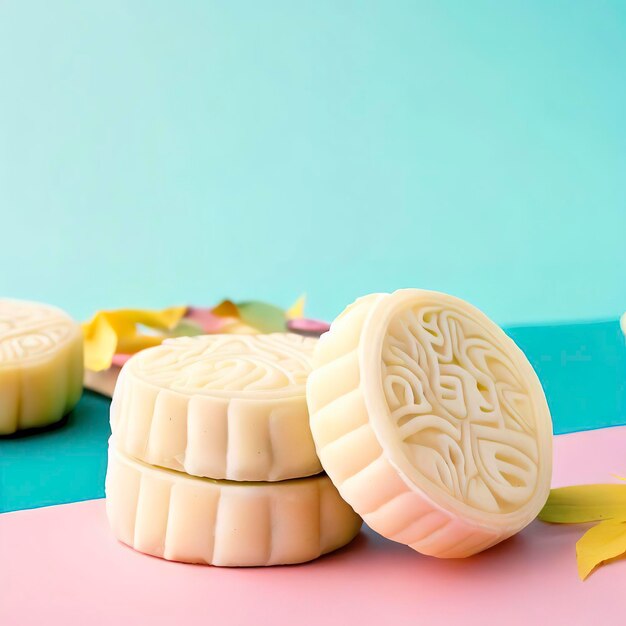 Mid Autumn Festival concept yuebing monncakes on pastel background