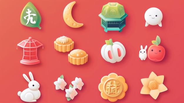 The Mid Autumn Festival element set includes pavilion mooncake pomelo lantern moon bunnies star and osmanthus flower in cute cartoon style