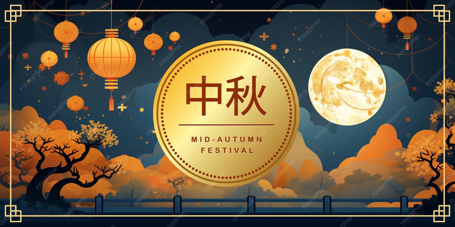 Premium AI Image Mid autumn festival greeting card with moon lantern