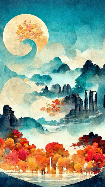 Mid autumn festival landscape illustration