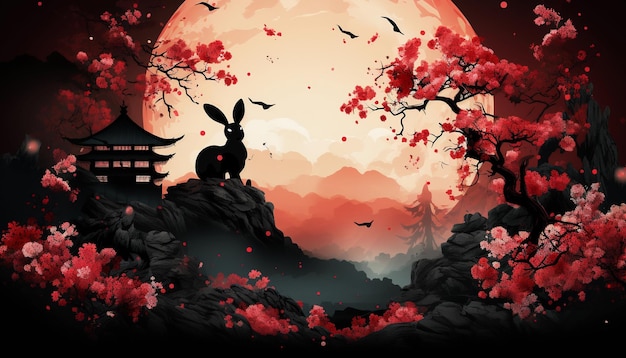 Mid Autumn Festival or Moon Festival with rabbit and cherry blossom background