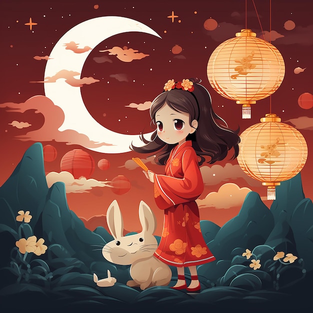 Mid-Autumn Festival poster een meisje en een konijn 3D cartoon
