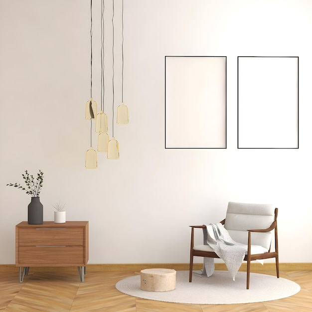 Mid century mockup room with 2 empty frames, yellow hanging lamps, desk, and white chair.