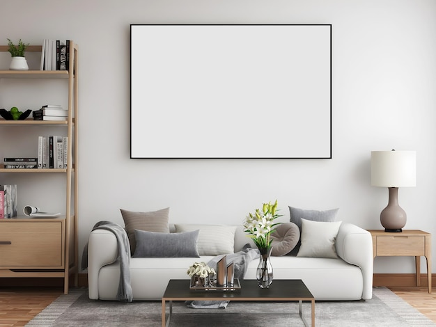 Mid-century mockup room with a big empty frame, 2 white sofa\
and pillows, table lamp, table, and woo