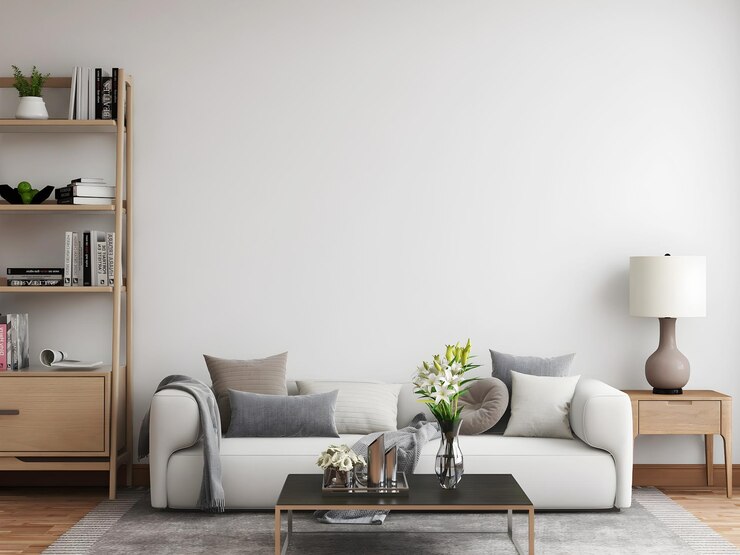 Mid-century mockup room with empty wall, 2 white sofa and pillows, table lamp, table