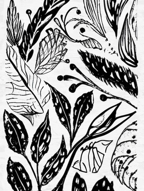 写真 ミッドセンチュリーモダンな黒と白の花のインクパターン抽象的なミニマリストウォールアート印刷可能