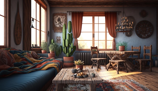 Mid century modern bohemian living room interior design AI Generated image