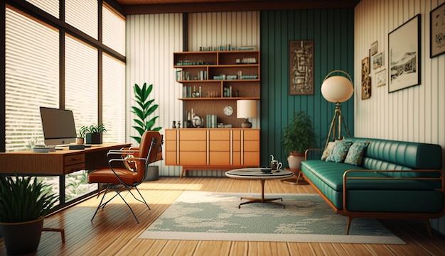 Mid Century 모던 거실 인테리어 디자인 AI 생성 이미지