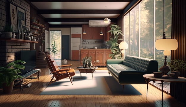 Mid Century modern living room interior design AI Generated image