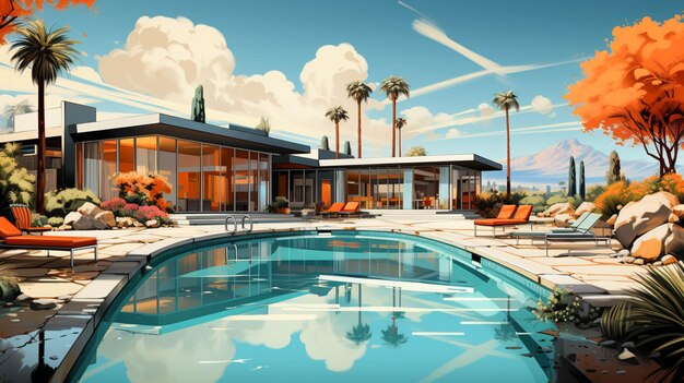 Photo mid century modern palm springs and pool views blend of comic book and line art in full natural view