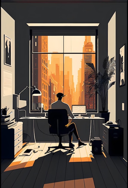 Mid century modern, Portrait illustration of a young business man in office with urban landscape.