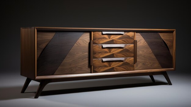 Mid Century Modern Walnut And Black Sideboard Precisionist Art Style