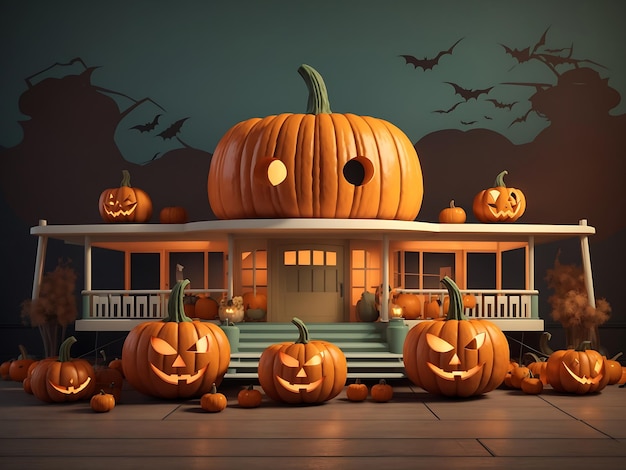 Mid century retro Halloween with pumpkins 3d rendering Generative Ai