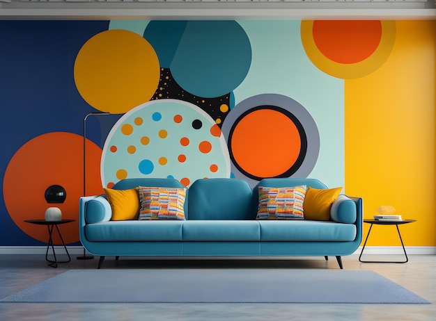 Ретро-современная гостиная середины века с красочными рисунками на стенах