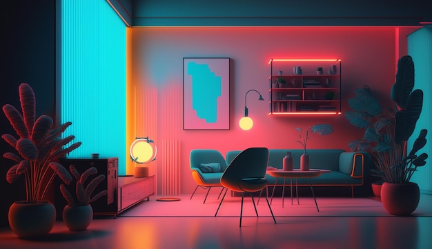 Mid country modern neon kleur woonkamer interieur AI Gegenereerde afbeelding