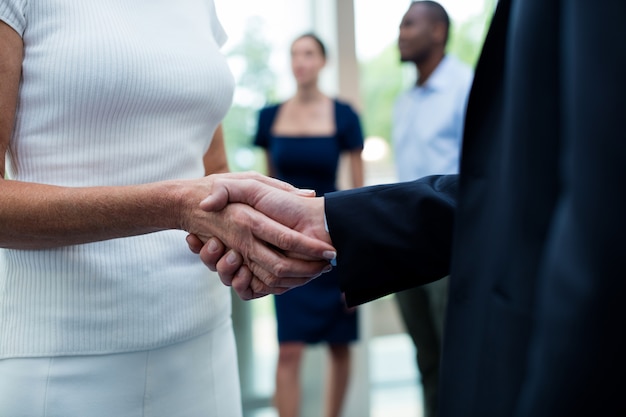 Mid section of business executives shaking hands with each other