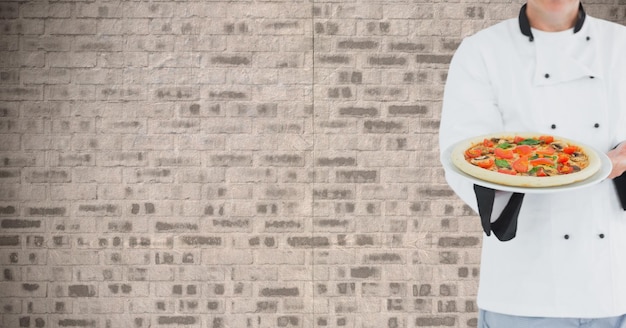 Mid section of chef holding pizza in plate