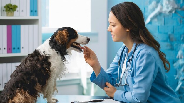 Mid section of female veterinarian feeding dog in clinic