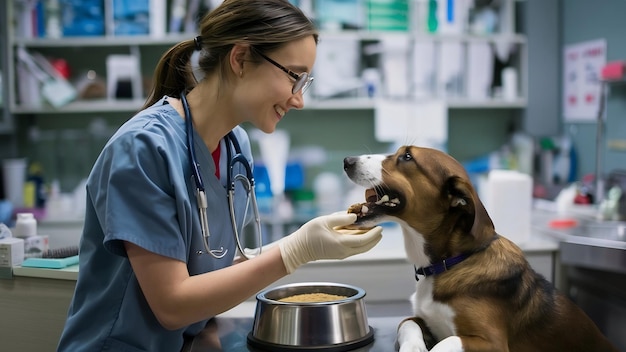 Mid section of female veterinarian feeding dog in clinic